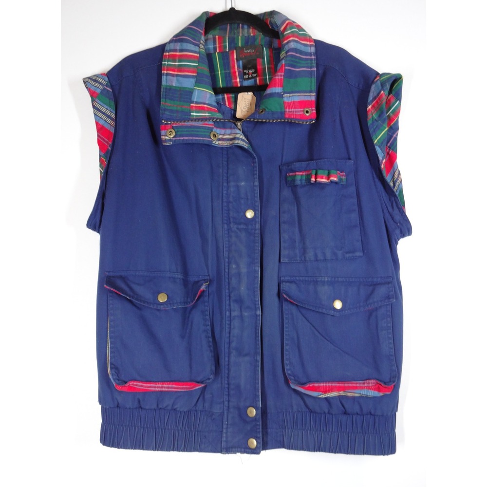 VTG 90s Lavon Sport Utility Vest M Blue Plaid Trim Cotton Canvas Gorpcore Vest